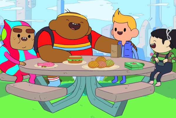 Animated characters gathered at a table